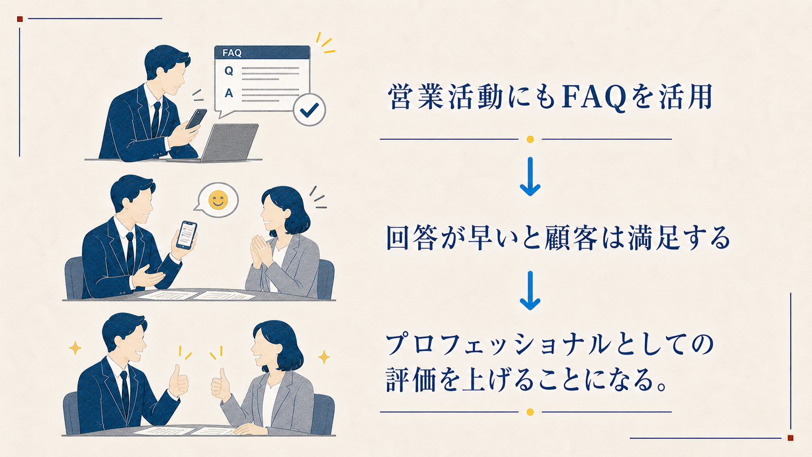 営業担当者がFAQで素早く回答し顧客満足を高める切り絵風説明図