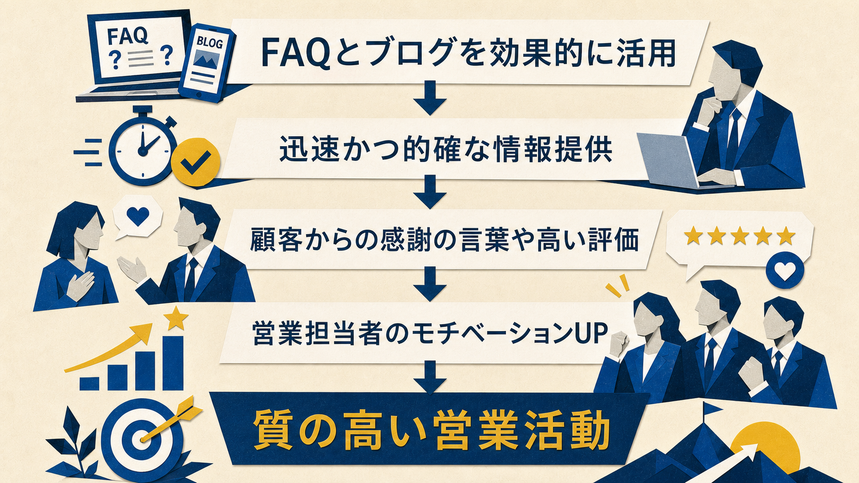 FAQとブログの活用から質の高い営業活動へ至る好循環の構成図