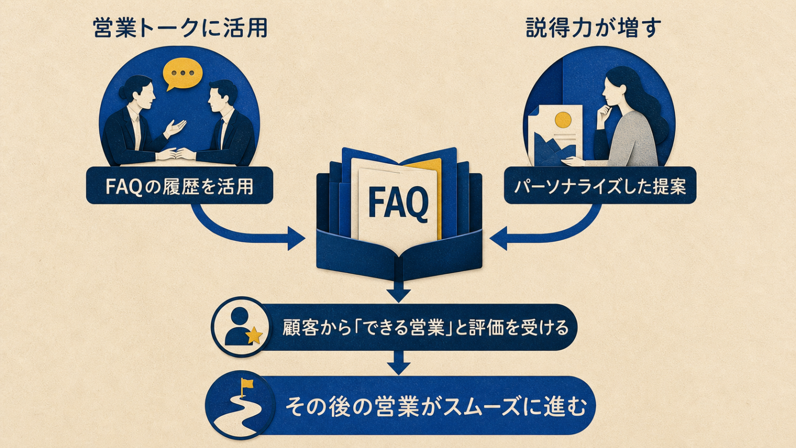 FAQを営業トークやパーソナライズ提案に活用する流れを示す図