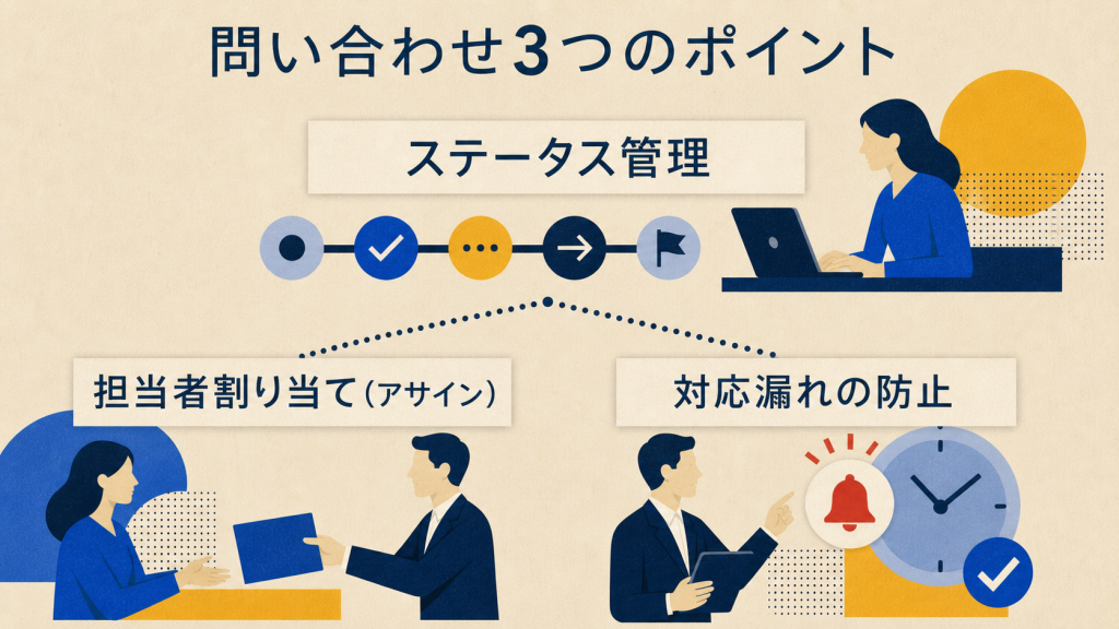 ステータス管理、担当者割り当て、対応漏れ防止という問い合わせ管理の3つのポイントを示す構成図