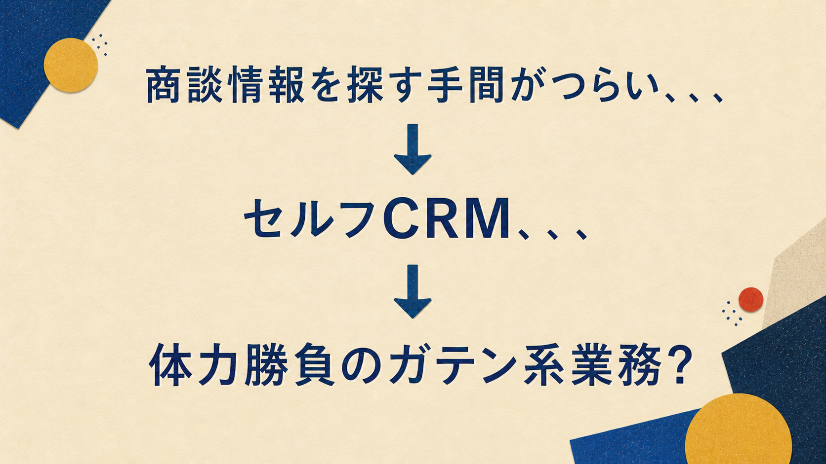 商談情報の探索から記憶頼みのセルフCRMへ陥る負担を示す図