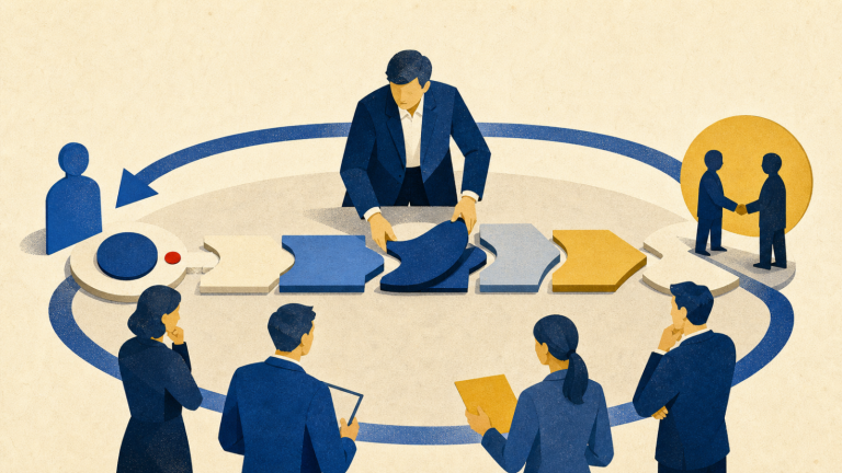 社長と営業チームが問い合わせから受注までの営業プロセスを組み立て、繰り返し見直す様子を表したイラスト